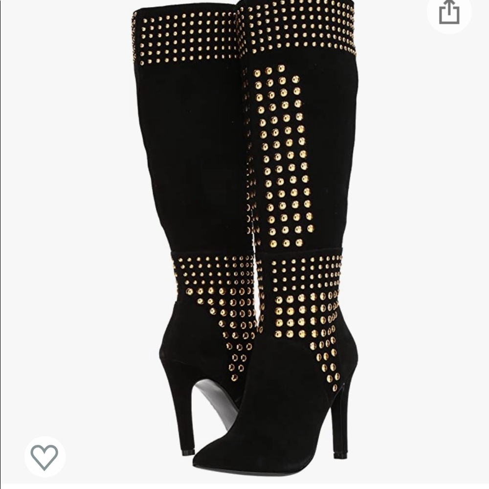 Metal Stud detailing on front and up to mid calf. Dress heel